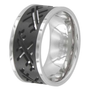 BAGUE DIEGO ACIER ET STRIES NOIRES BRILLANTES
