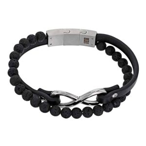 BRACELET MAEL 2 RANGS EN CUIR DE BOVIN NOIR, BOULES PIERRE ET FERMOIR ACIER