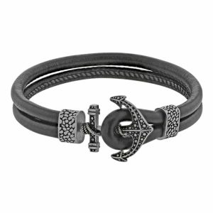 BRACELET SAMIR ANCRE ACIER ET CUIR D’OVIN NOIR