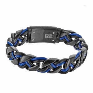 BRACELET NOLAN TRESSÉ EN CUIR DE BOVIN NOIR/BLEU ET ACIER NOIR