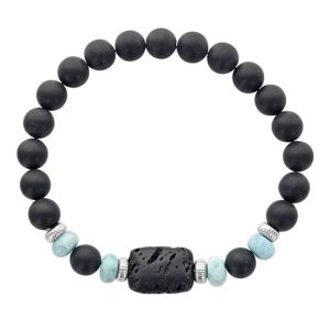 BRACELET FABRICE ÉLASTIQUE HOMME LARIMAR, ONYX ET PIERRE DE LAVE, PERLES